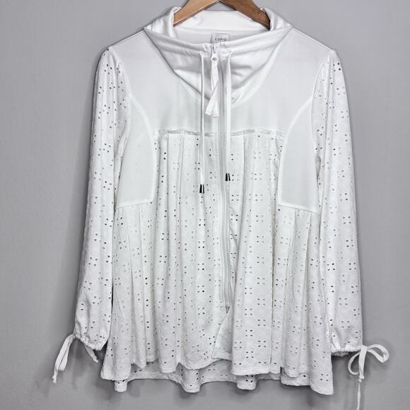 Cupio Full Zip Sweater Lrg White Eyelet Cowl Neck Drawstring Swing Shape Tunic - Picture 4 of 12